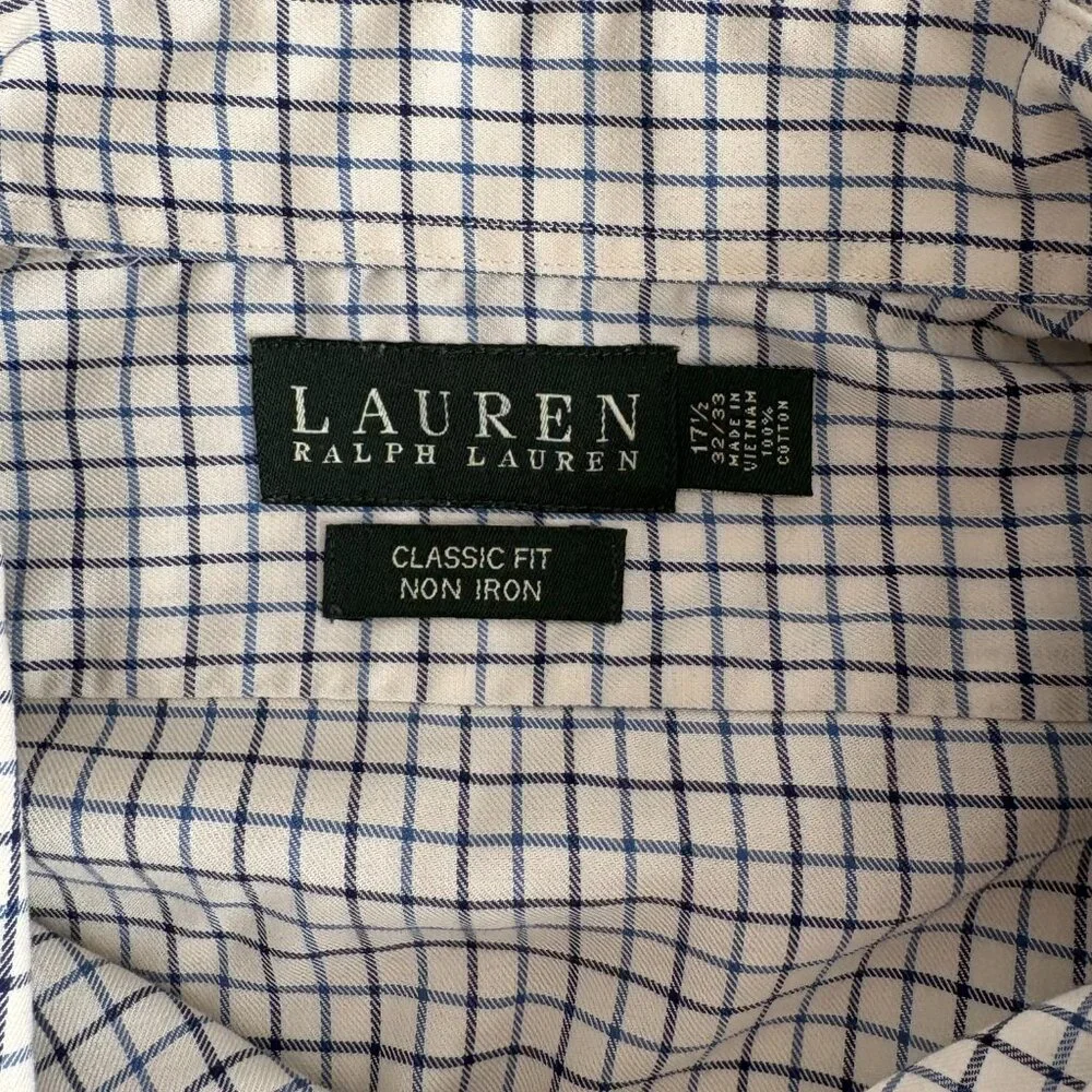 Lauren Ralph Lauren Classic Non-Iron Shirt Blue Off White Grid Check 17.5 32/33 - Picture 6 of 7